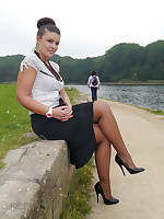 Lovely Karen is on her break and enjoying a bit of sun everywhere her silky nylons and her black cavalier heel shoes