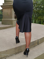 Sexy Karen raises a few shoe charm desires as she poses outdoors in a lovely pair of silky nylons packed with a tall shiny pair of black high heeled stilettos