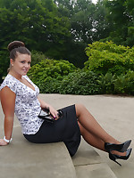 Sexy Karen raises a few shoe charm desires as she poses outdoors in a lovely pair of silky nylons packed with a tall shiny pair of black high heeled stilettos