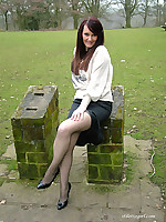 Black high heels and horny stockings look so good on this brunette