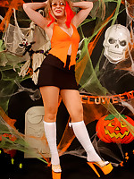 White knee toffee-nosed stockings over orange colred pantyhose
